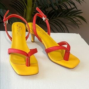 Fowt Orange and Yellow Square Toe Kitten Heel Strappy Sandals